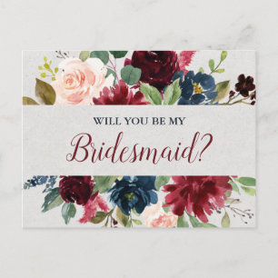 Marsala & Navy Wedding Floral Bridesmaid Proposal Postcard
