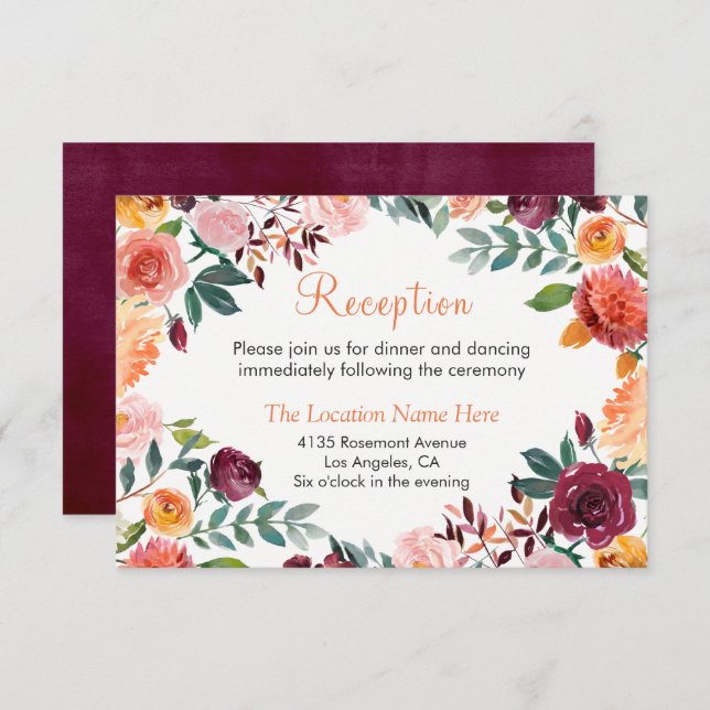 Marsala Orange Botanical Garden Reception Card (Front/Back)