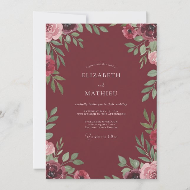 Marsala Painted Foliage Wedding Invitation (Front)