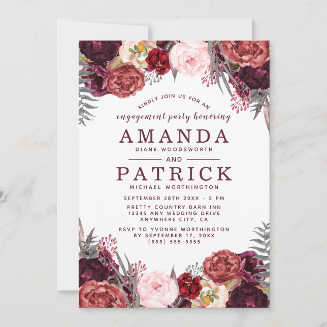 Marsala Peony Boho Engagement Party Invitations (Front)