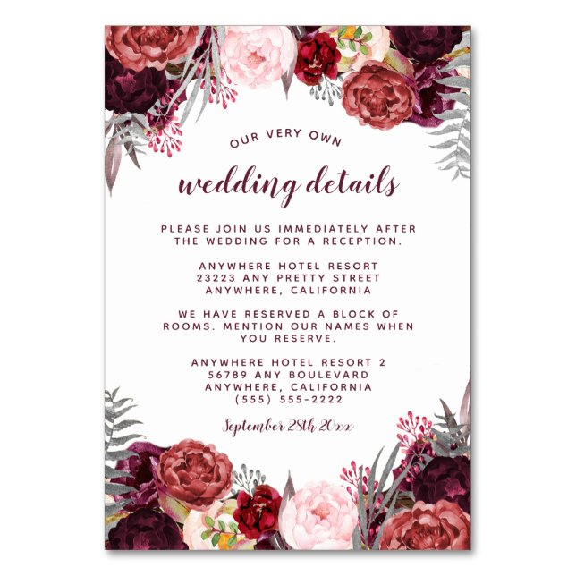 Marsala Peony Fall Wedding Insert Reception Cards (Front)