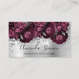 Marsala Peony Flowers Silver Logo Event Planner Business Card