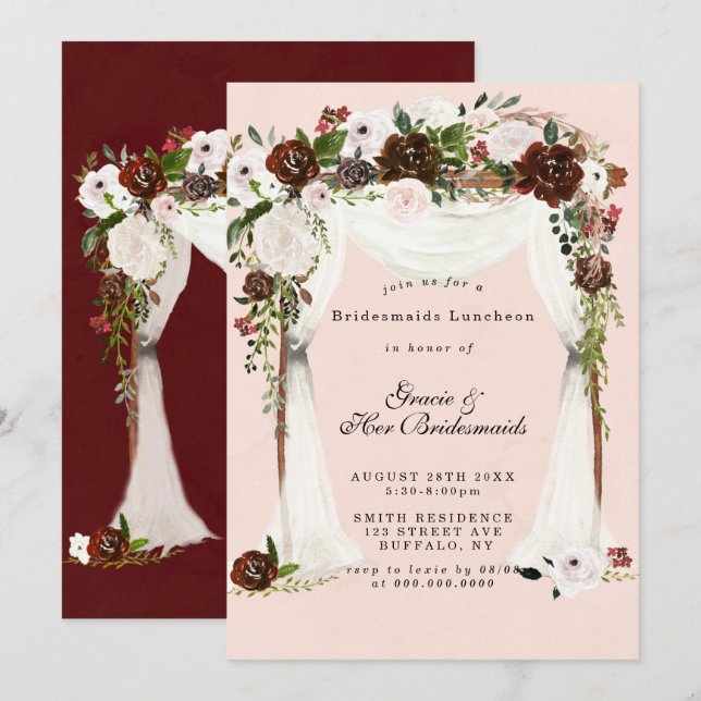Marsala Pink Canopy Bridesmaids Luncheon Invites (Front/Back)