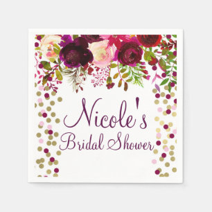 Marsala Pink Floral Gold Burgundy Bridal Shower Napkin