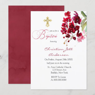Marsala Pink Floral Gold Cross Baptism Invitation