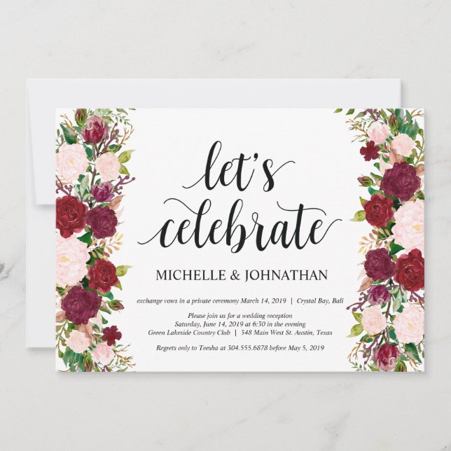 Marsala pink floral wedding Elopement Reception Invitation (Front)