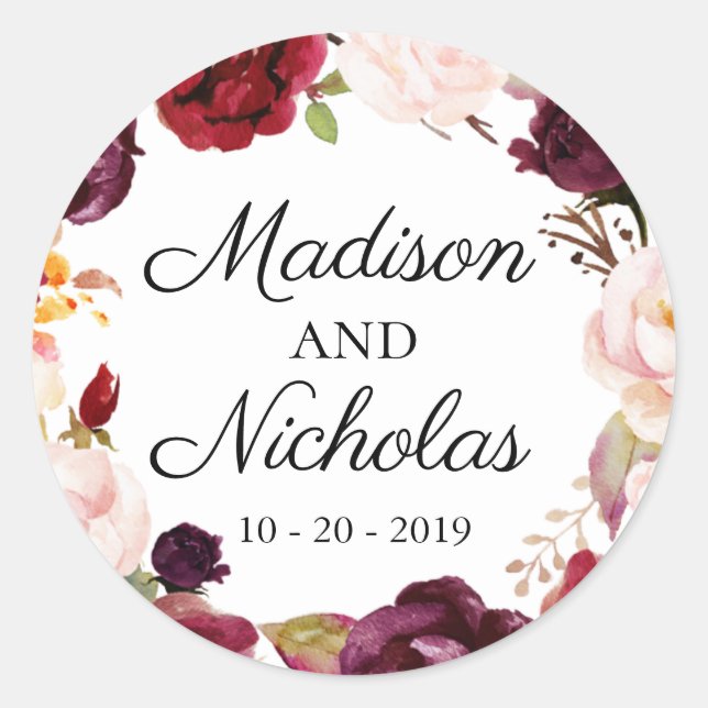 Marsala Pink Floral Wedding Envelope Seal Stickers (Front)