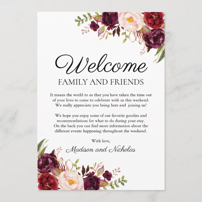 Marsala & Pink Floral Wedding Hotel Welcome Cards (Front)