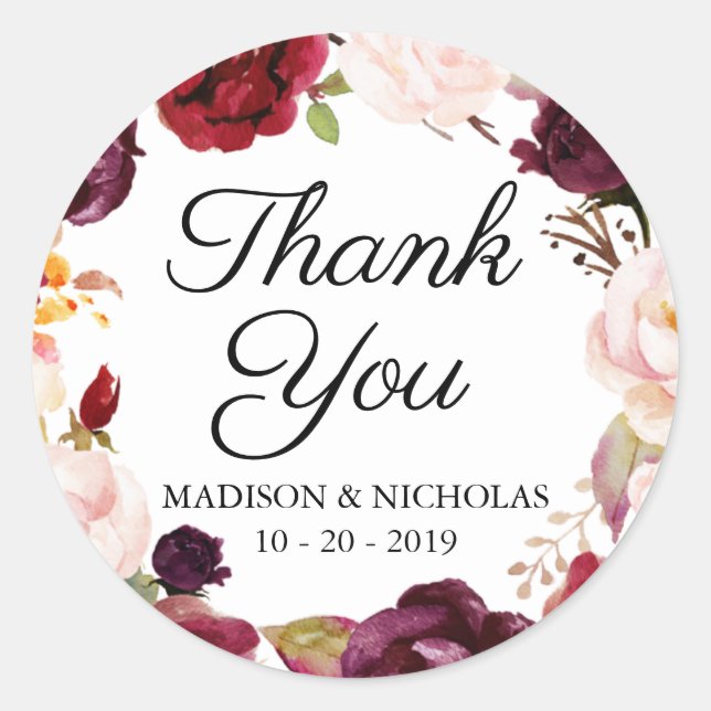 Marsala Pink Floral Wedding Stickers Thank You (Front)
