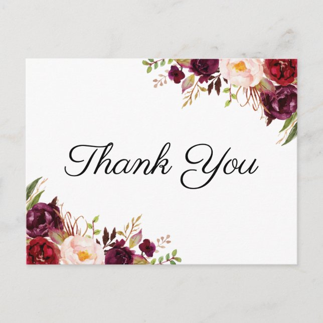 Marsala & Pink Floral Wedding Thank You Postcards (Front)