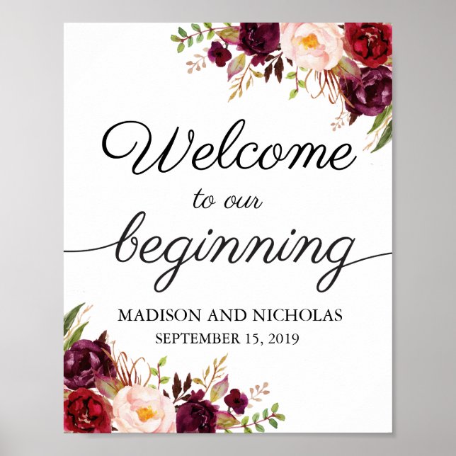 Marsala Pink Floral Welcome to Our Beginning Sign (Front)