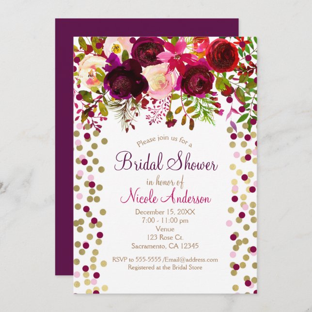 Marsala Pink Flowers Floral Bridal Shower Elegant Invitation (Front/Back)