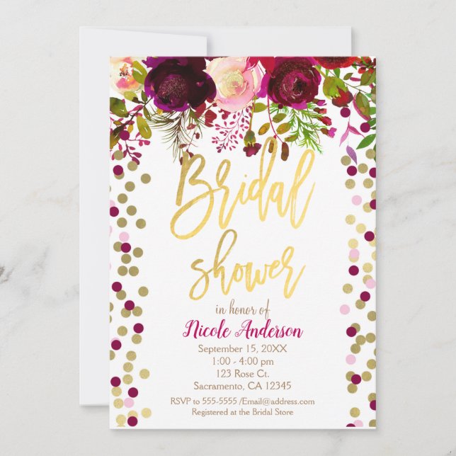 Marsala Pink Flowers Floral Bridal Shower Elegant Invitation (Front)