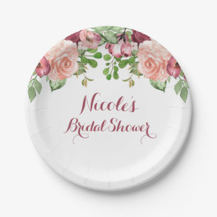 Marsala Pink Flowers Floral Bridal Shower Elegant Paper Plate