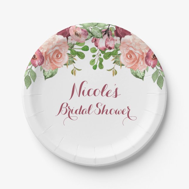 Marsala Pink Flowers Floral Bridal Shower Elegant Paper Plate (Front)