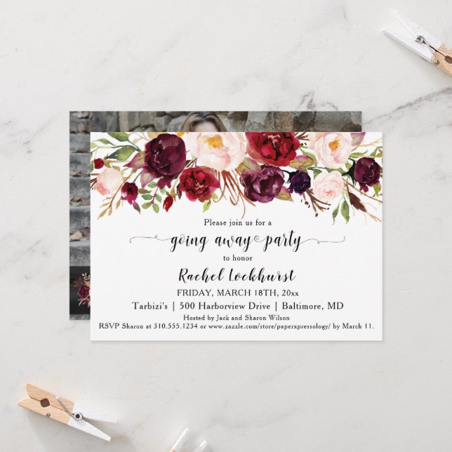 Marsala Pink Flowers Going Away Party Farewell Invitation (Front/Back In Situ)