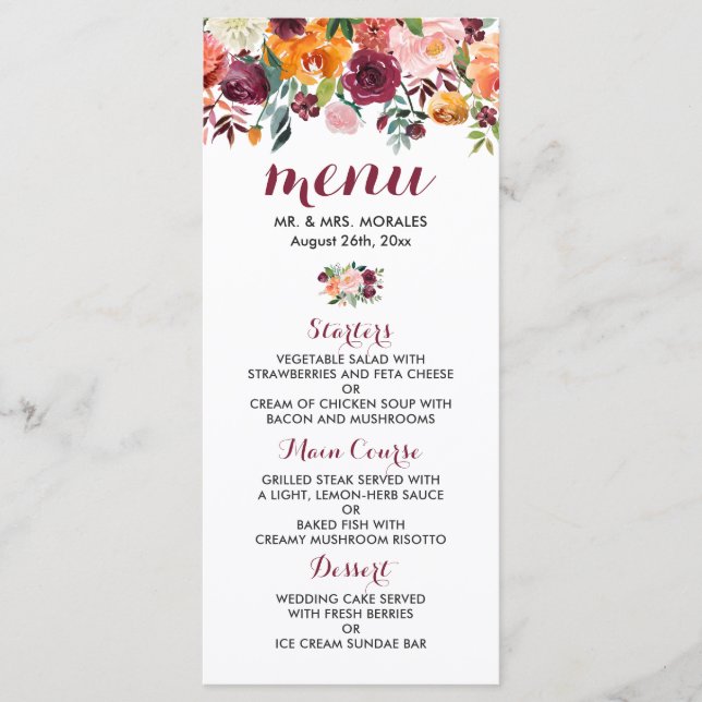 Marsala Pink Orange Botanical Garden Wedding Menu (Front)