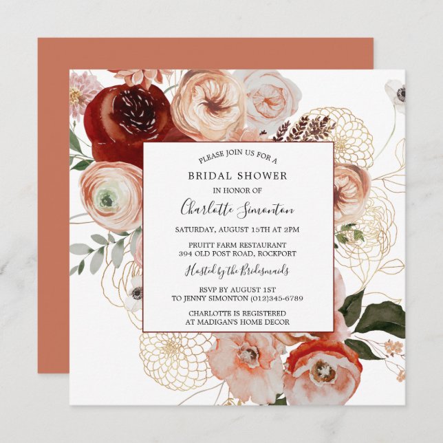Marsala Pink Orange Floral Bridal Shower Invitation (Front/Back)