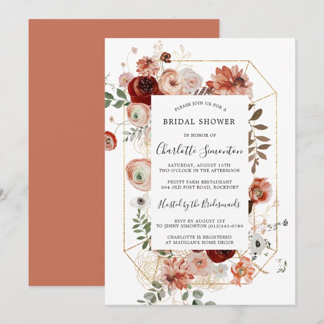 Marsala Pink Terracotta Floral Bridal Shower Invit Invitation (Front/Back)