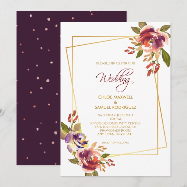 Marsala Plum Roses Floral Wedding Invitation (Front/Back)