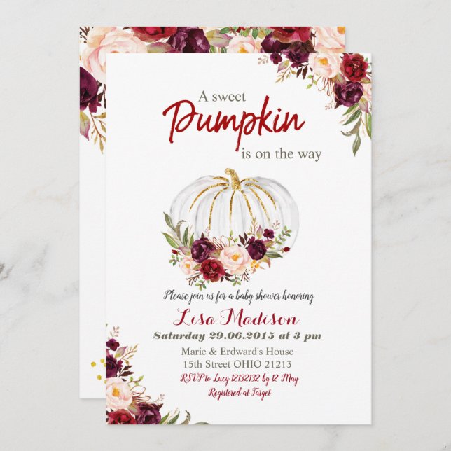 Marsala Pumpkin is on the way baby shower Invitation (Front/Back)