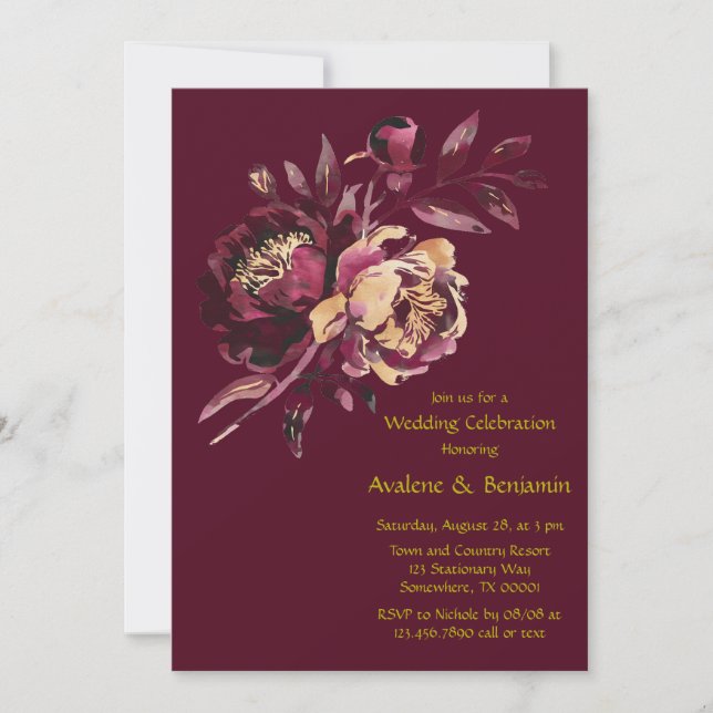 Marsala Red and Gold Peony Bouquet Wedding  Invitation (Front)