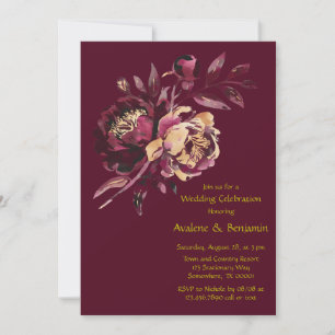 Marsala Red and Gold Peony Bouquet Wedding  Invitation