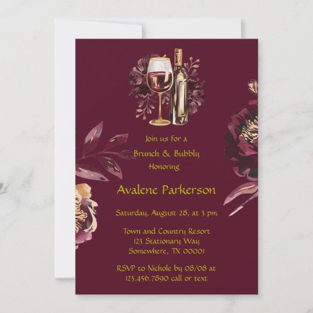 Marsala Red and Gold Peony Brunch and Bubbly Invitation (Front)