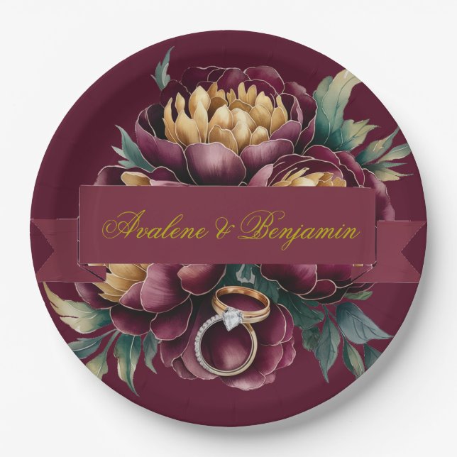Marsala Red and Gold Peony with Wedding Rings Paper Plate (Front)