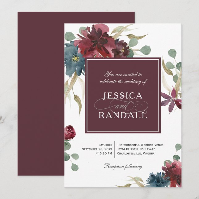 Marsala Red and Navy Floral Wedding Invitation (Front/Back)