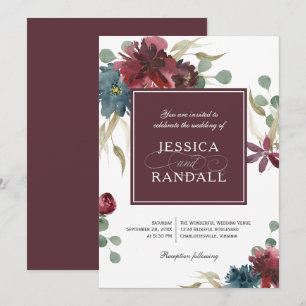 Marsala Red and Navy Floral Wedding Invitation