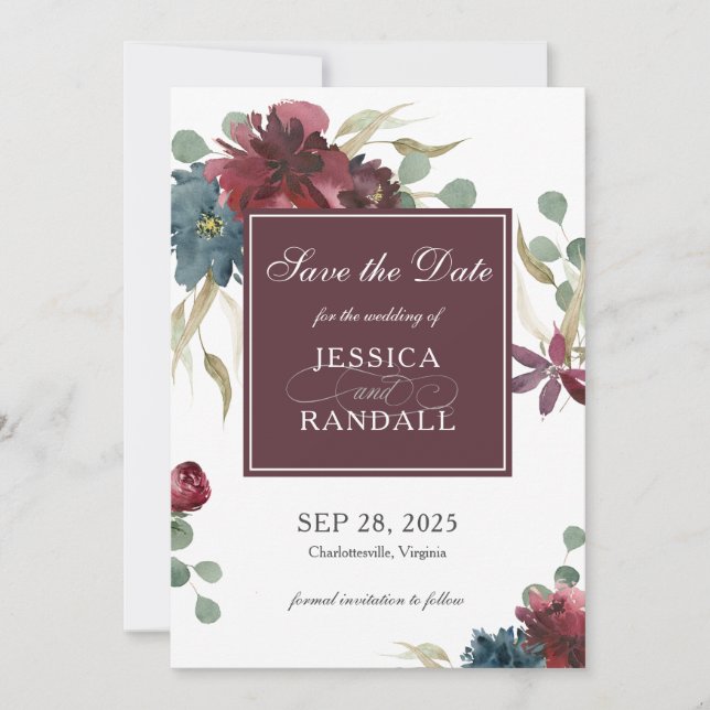Marsala Red and Navy Floral Wedding Save the Date (Front)