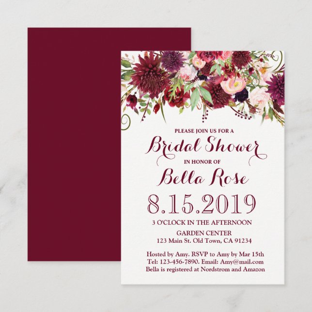 Marsala Red Burgundy Floral Bridal Shower Invite (Front/Back)