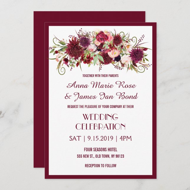 Marsala Red Burgundy Floral Chic Wedding Cards (Front/Back)
