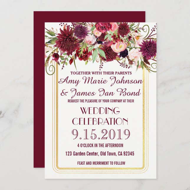 Marsala Red Burgundy Floral Gold Wedding Invite (Front/Back)