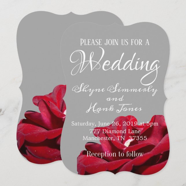 Marsala Red Burgundy Floral Grey Wedding Invitation (Front/Back)