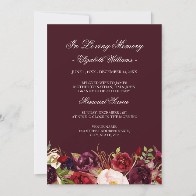 Marsala Red Burgundy Floral Memorial Service Invitation (Front)