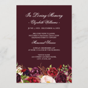 Marsala Red Burgundy Floral Memorial Service Invitation