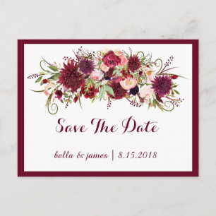 Marsala Red Burgundy Floral Save The Date Postcard