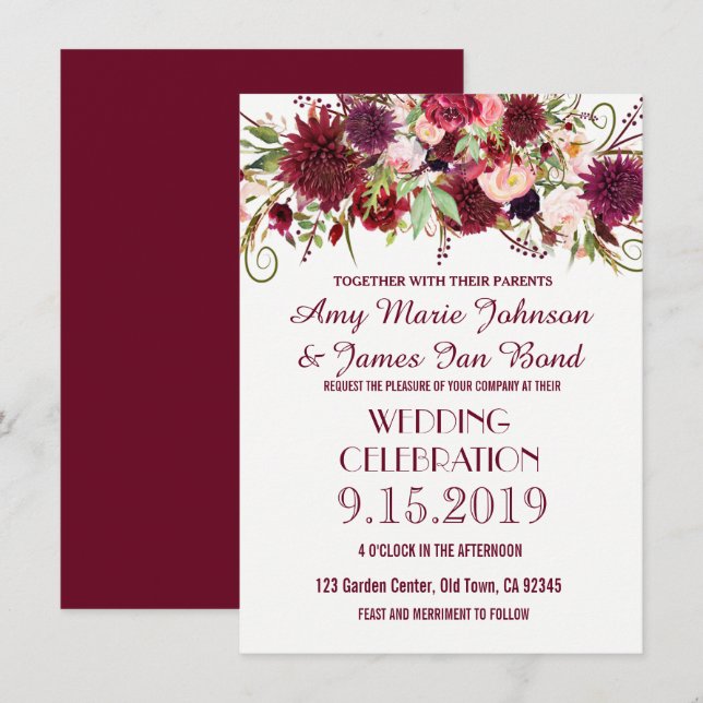 Marsala Red Burgundy Floral Wedding Invitations (Front/Back)