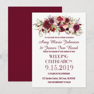 Marsala Red Burgundy Floral Wedding Invitations