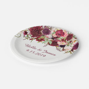 Marsala Red Burgundy Floral Wedding Paper Plate