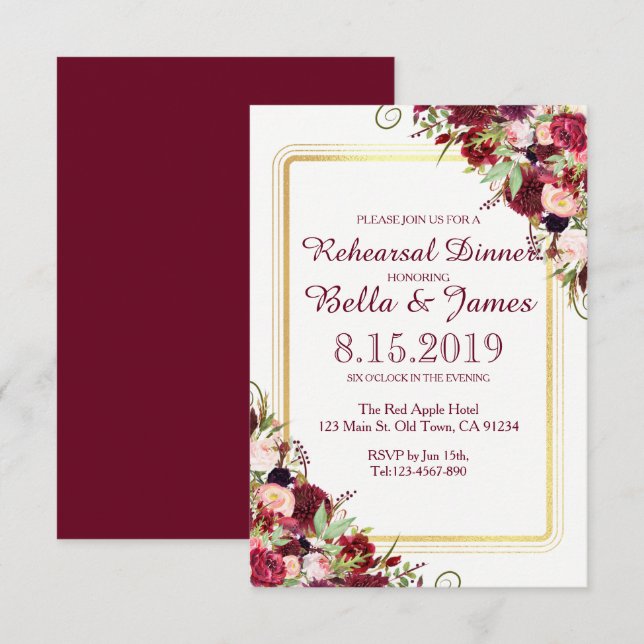 Marsala Red Burgundy Gold Wedding Rehearsal Invite (Front/Back)