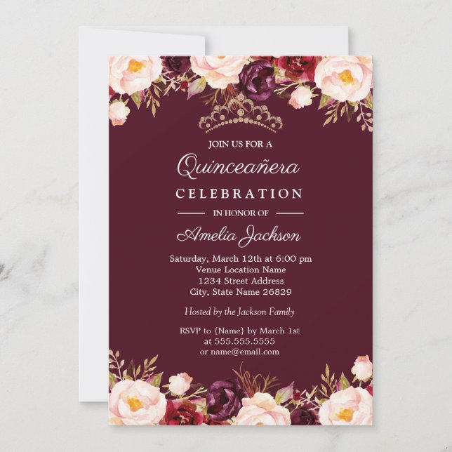 Marsala Red Burgundy Watercolor Floral Quinceanera Invitation (Front)
