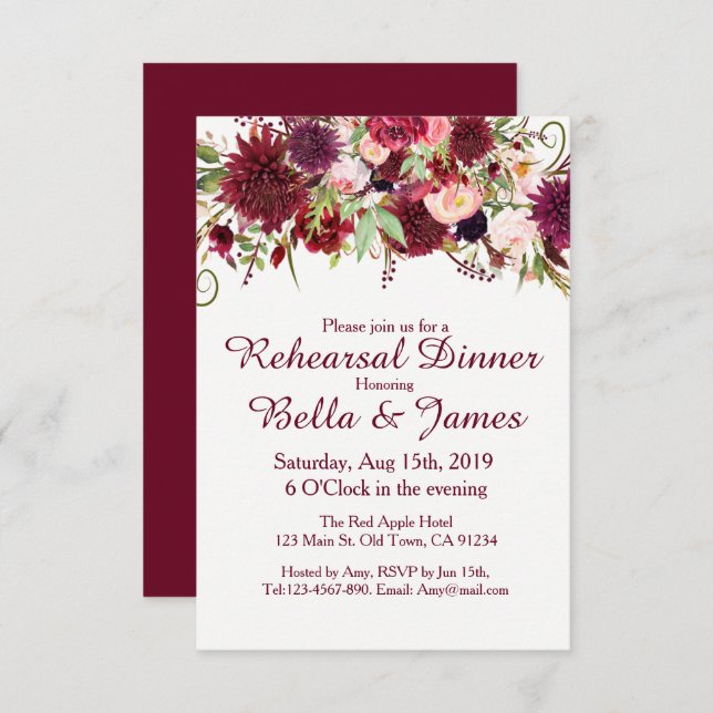 Marsala Red Burgundy Wedding Rehearsal Invitations (Front/Back)