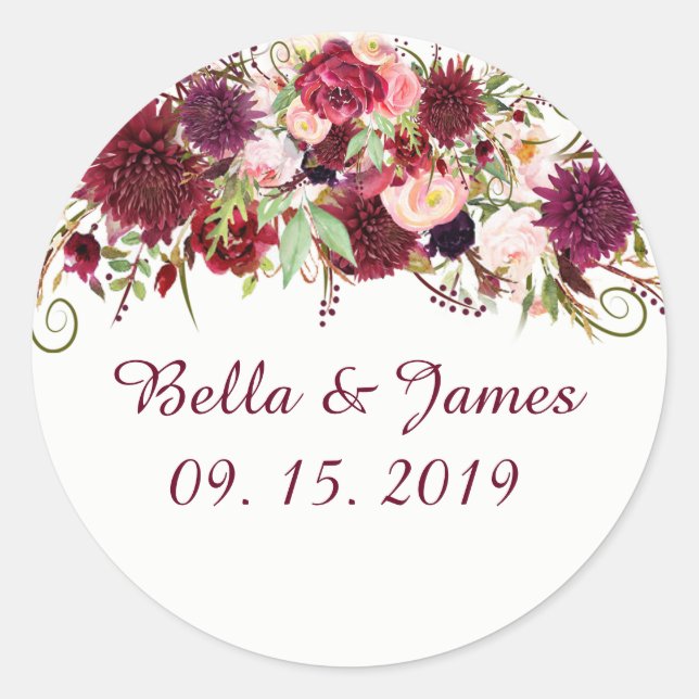 Marsala Red Floral Chic Wedding Stickers (Front)