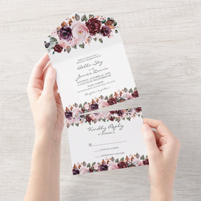 Marsala Red Floral Fall All in One Wedding Invite (Tearaway)