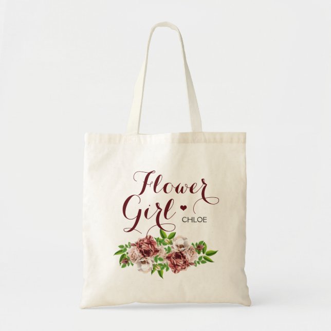 Marsala Red Floral Flower Girl Tote Bag (Front)