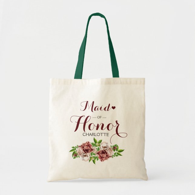 Marsala Red Floral Maid of Honour Tote Bag (Front)