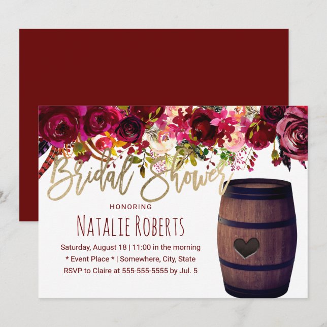 Marsala Red Floral Wine Barrel Bridal Shower Invitation (Front/Back)